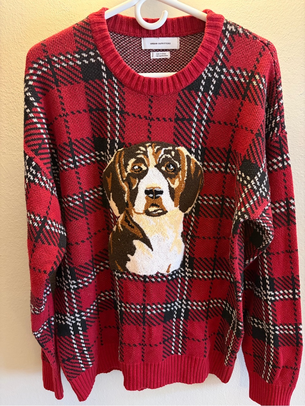 Urban Outfitters Red & Black Plaid Dog Knit Sweater